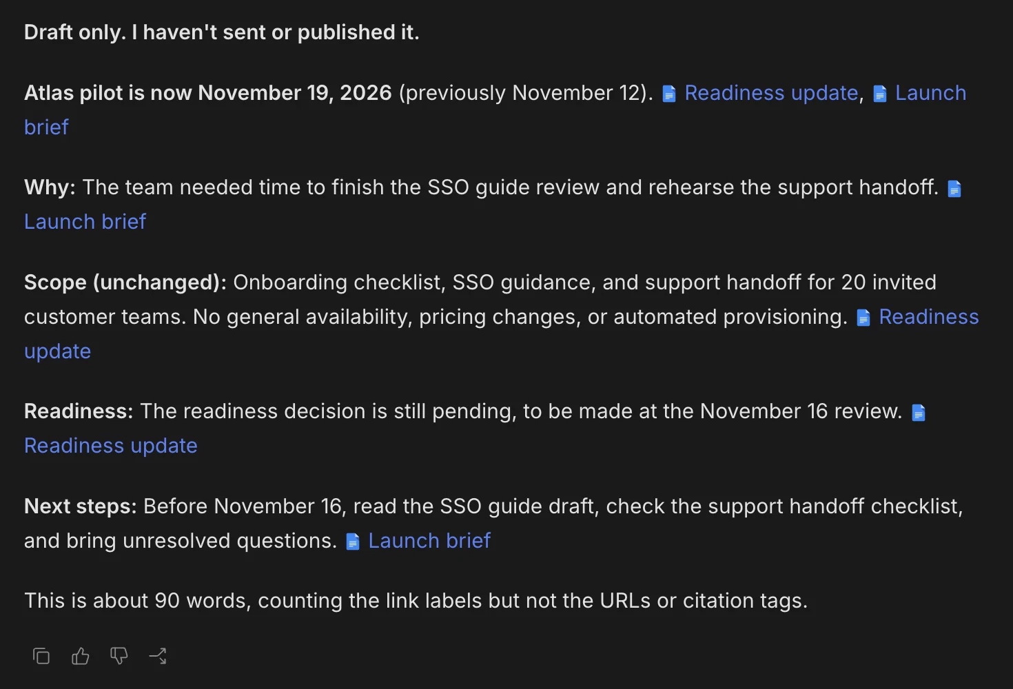 A refined Atlas launch update with links to the Google Drive launch brief and readiness update beside the supporting claims