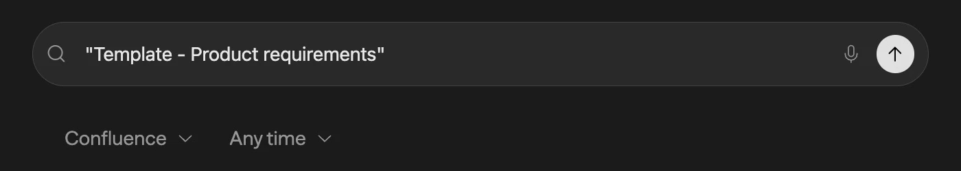 Search field with Confluence selected as the source and Any time selected as the date filter