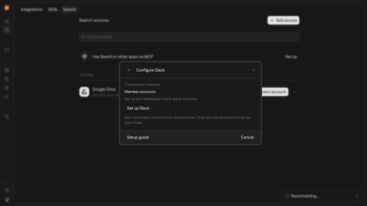 Slack source setup in Sim Search