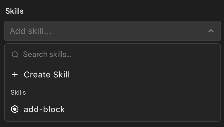 The Agent Skills menu with Add skill and Create Skill controls
