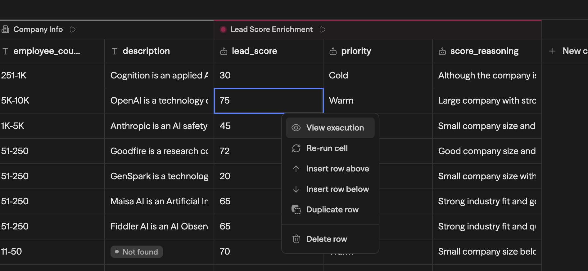 A lead_score cell's menu: View execution, Re-run cell, insert and duplicate row actions, and Delete row
