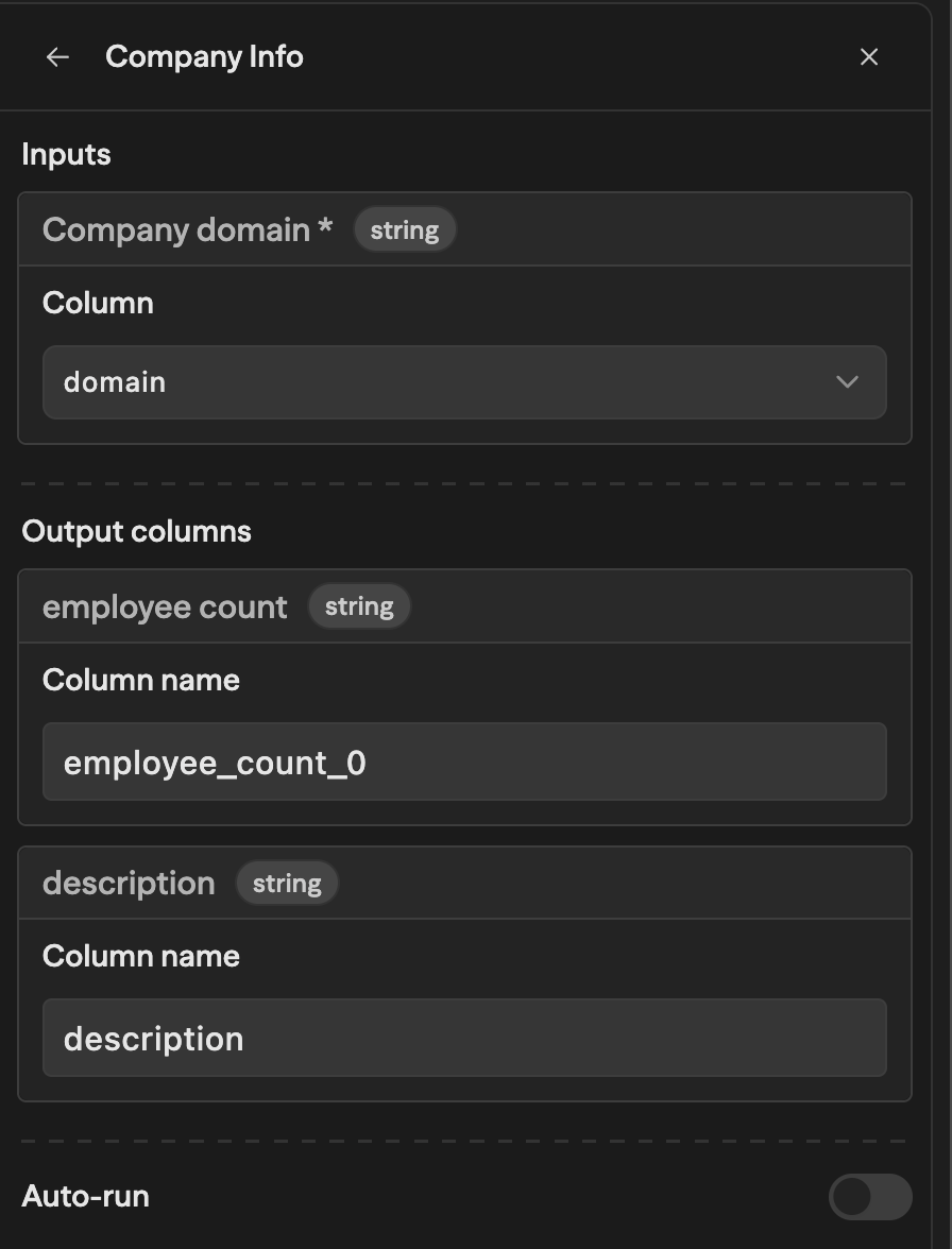 A group's bindings: the required Company domain input bound to the domain column, and the employee count and description outputs bound to their column names