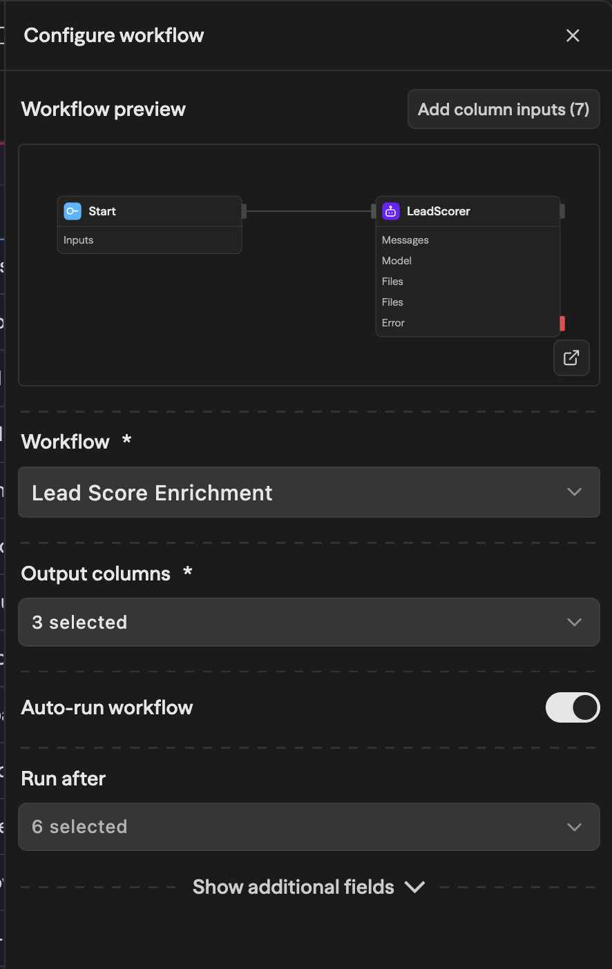 The Configure workflow panel for Lead Score Enrichment: a preview of the LeadScorer workflow, the workflow picker, three output columns selected, Auto-run on, and six Run after dependencies