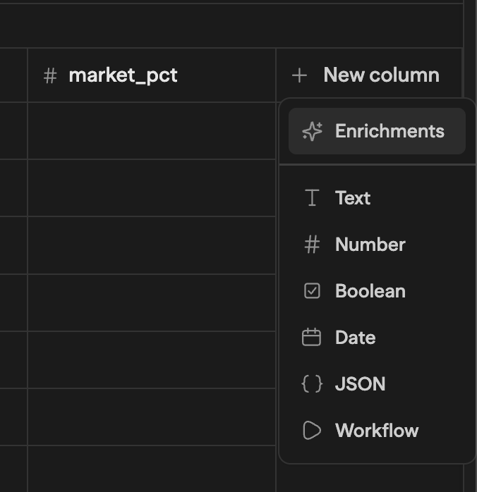 The New column menu: Enrichments at the top, the plain column types, and Workflow at the bottom