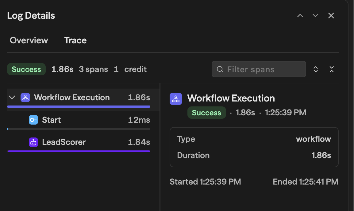 The Log Details trace for one row's run: Workflow Execution at 1.86s with Start and LeadScorer spans, marked Success